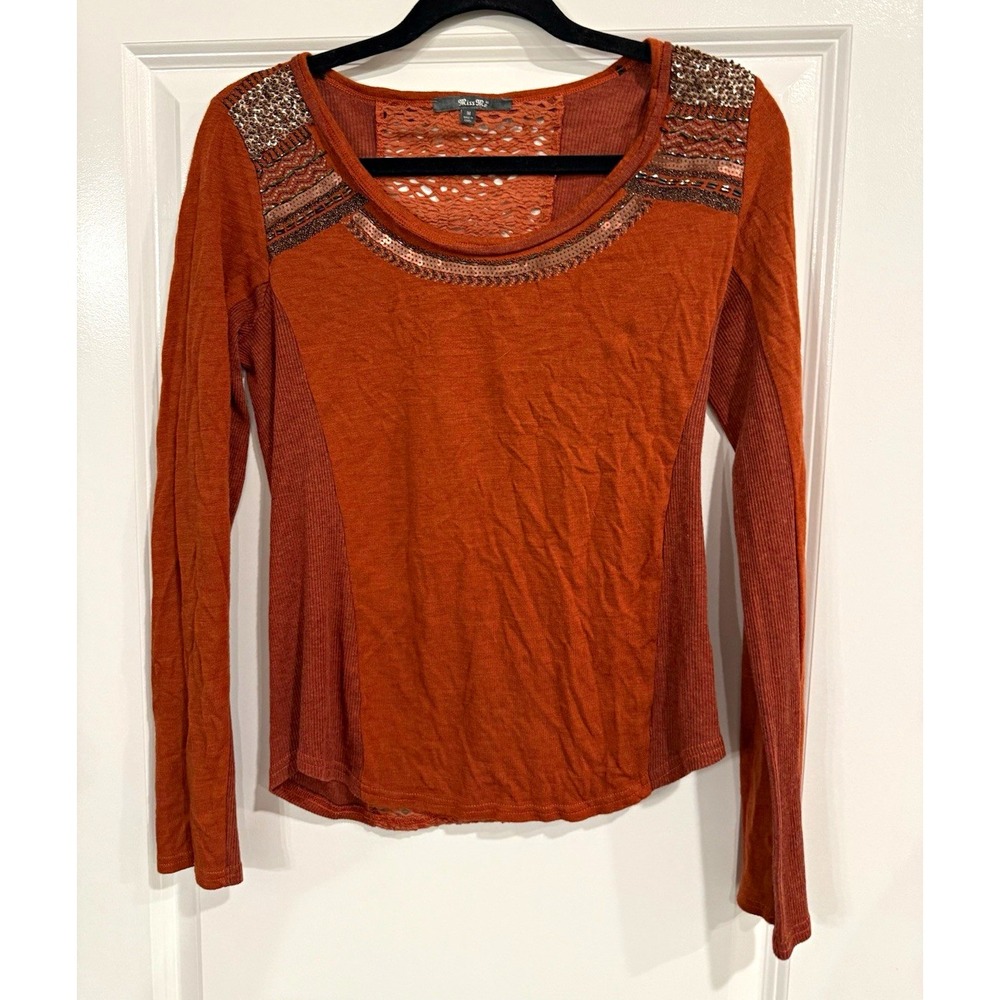 Miss Me Y2K Sequin Beaded Crochet Top Rust Brown Long Sleeve Shirt Women M VTG